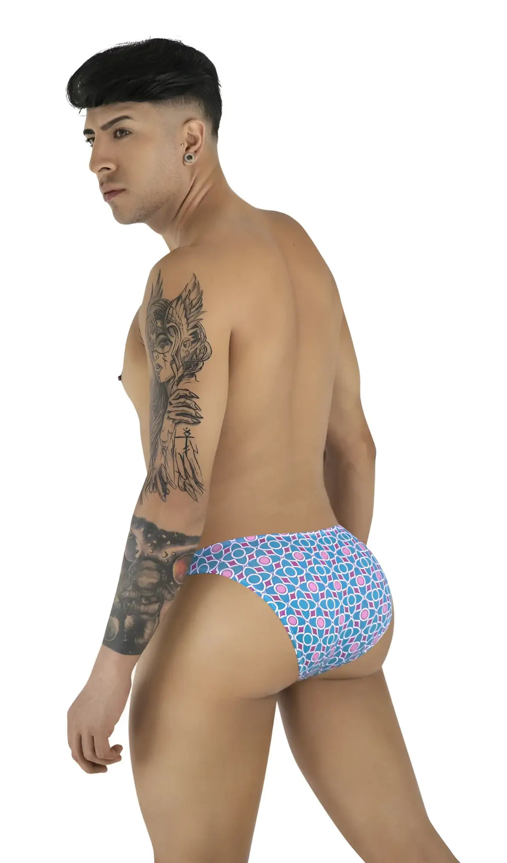 CandyMan 99923 briefs in blue with pink geometric print men’s underwear featuring a comfortable fit