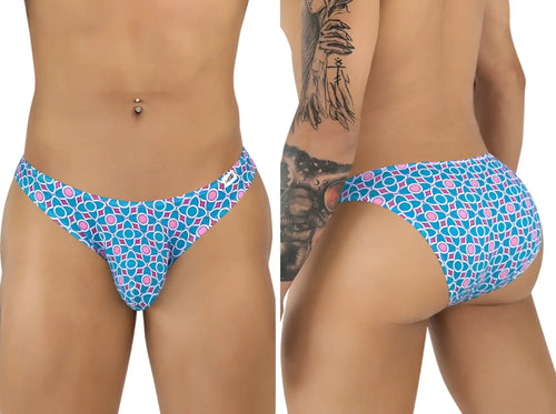 CandyMan 99923 briefs color printed blue men’s swim trunks with blue and pink geometric pattern for swimming use