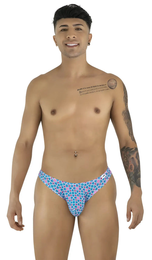 CandyMan 99923 briefs with blue and pink geometric pattern printed on fabric for stylish swimwear use