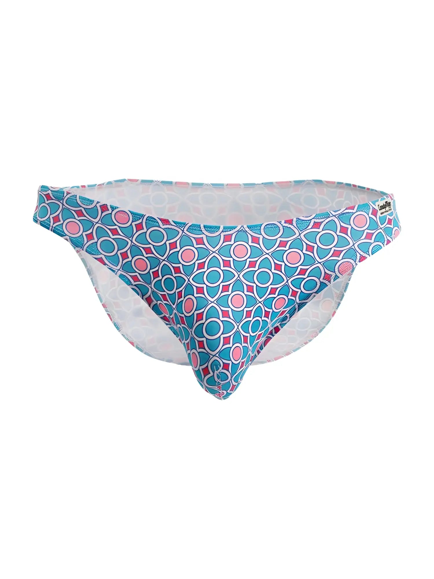 Candyman 99923 briefs color printed blue swim trunks with blue and pink geometric pattern and white inner lining