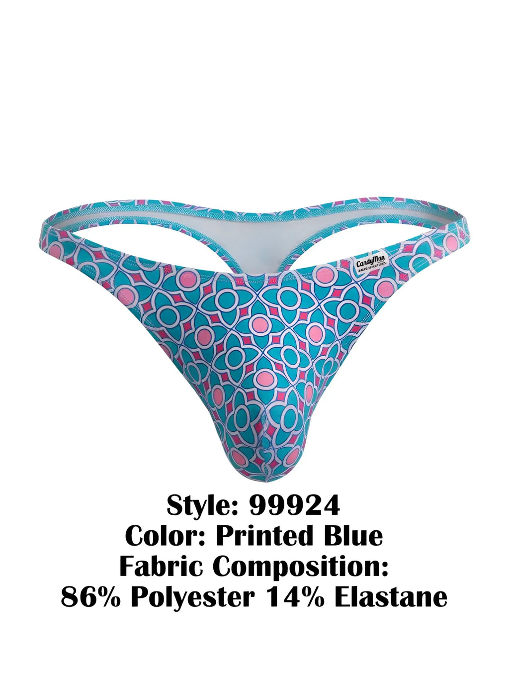 CandyMan 99924 thong printed blue with geometric pink and white circles on turquoise fabric showing the back side