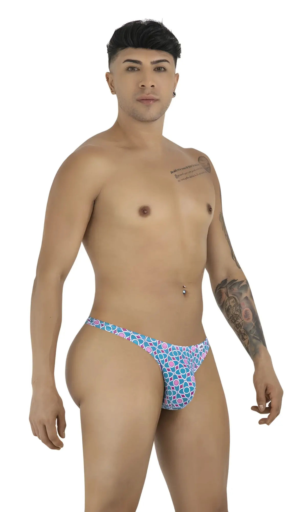 Blue and pink geometric-patterned candyMan 99924 thong with snug form-fitting design and color printed fabric