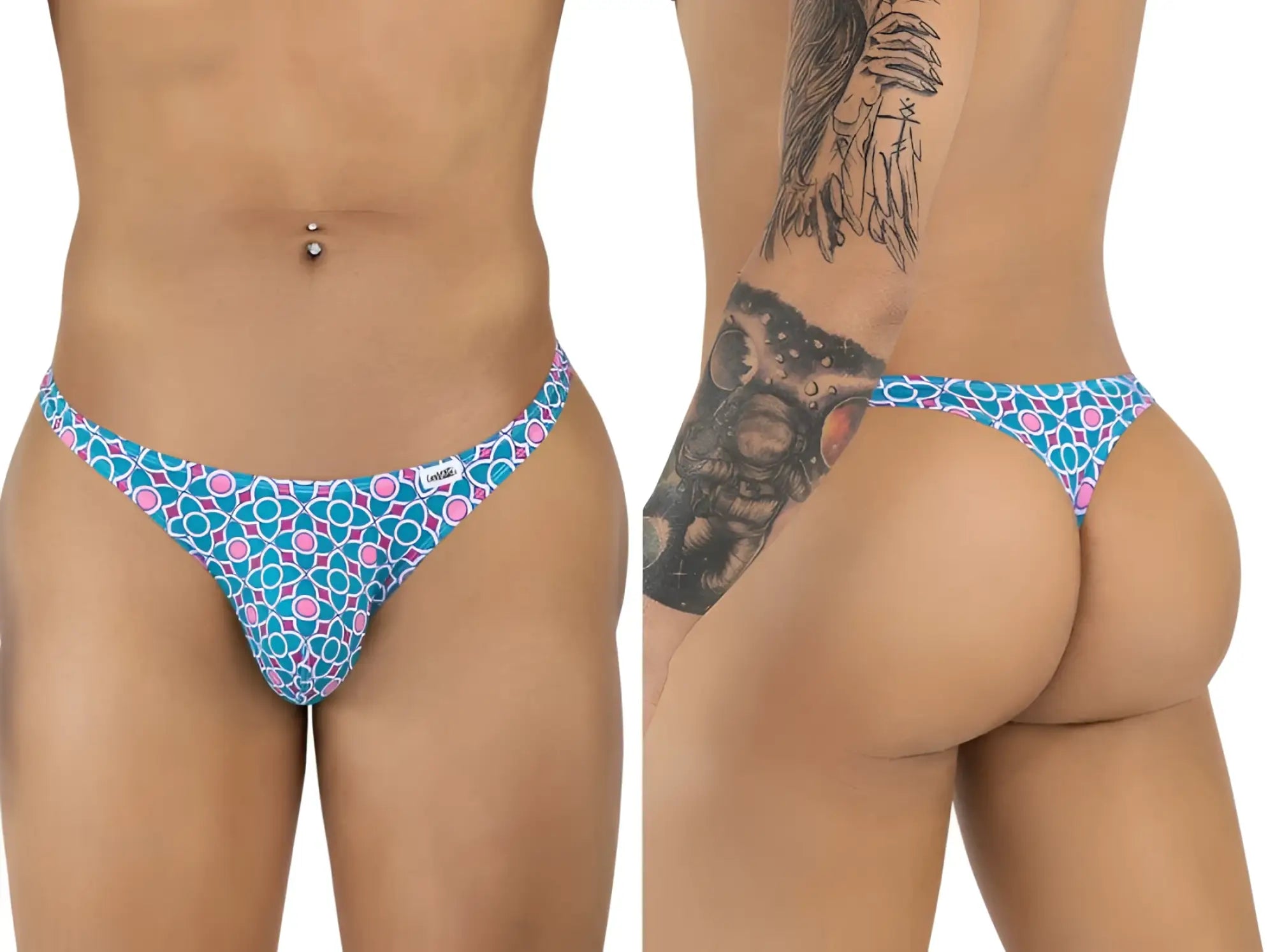 CandyMan 99924 thong in blue and pink geometric print with small white brand tag perfect for everyday wear
