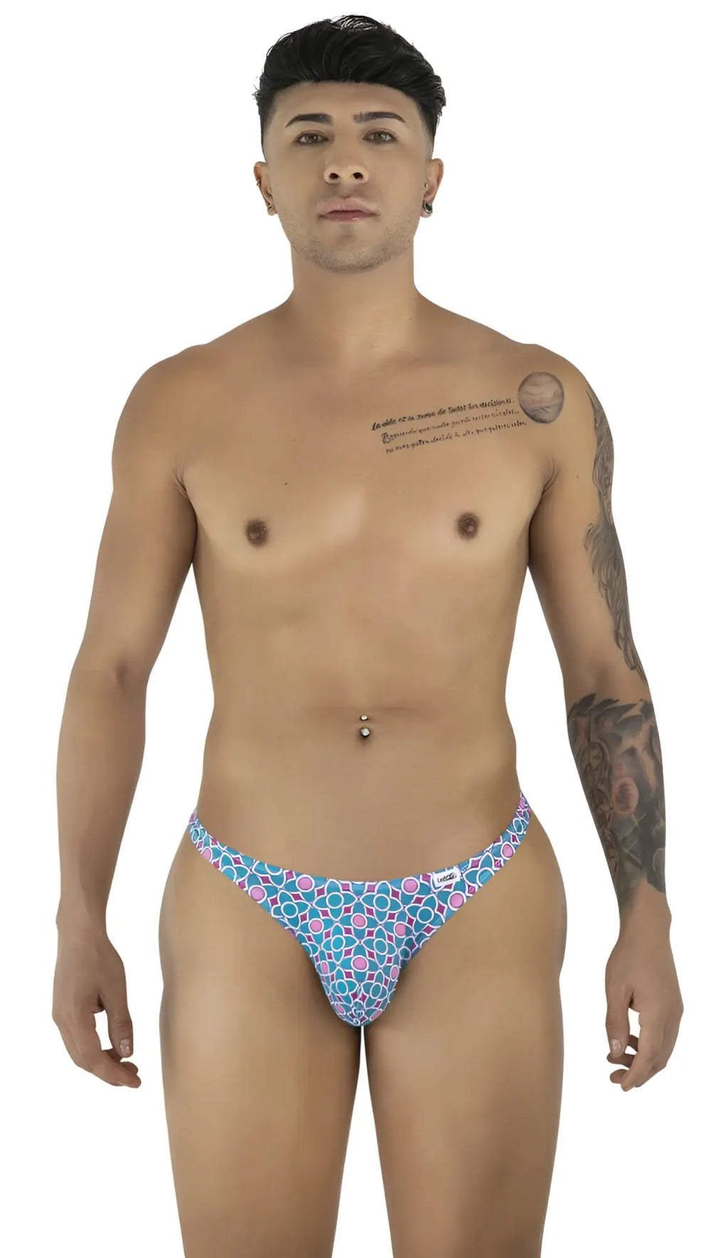 Blue and pink geometric-patterned CandyMan 99924 thong with a small white brand tag on the side