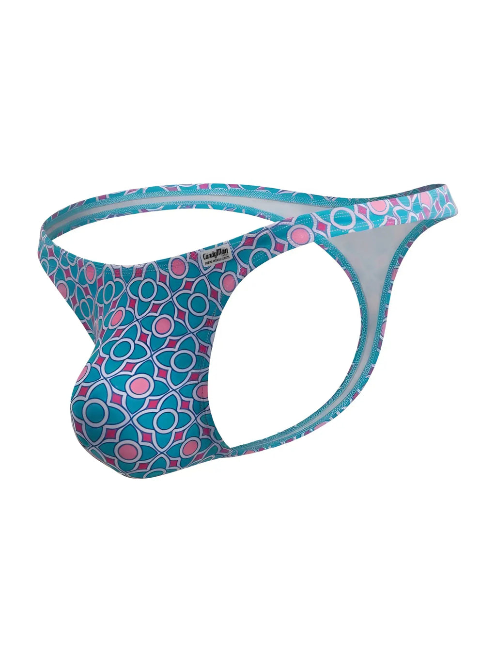 Candyman 99924 thong in turquoise and pink geometric print with white lining for men with a playful style
