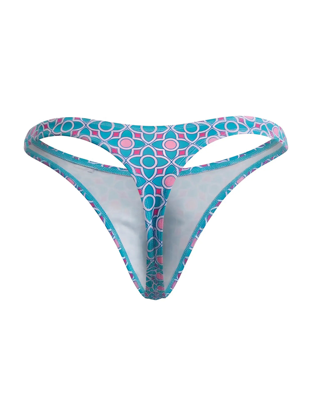 CandyMan 99924 thong in turquoise and pink geometric pattern with white interior lining for comfortable wear