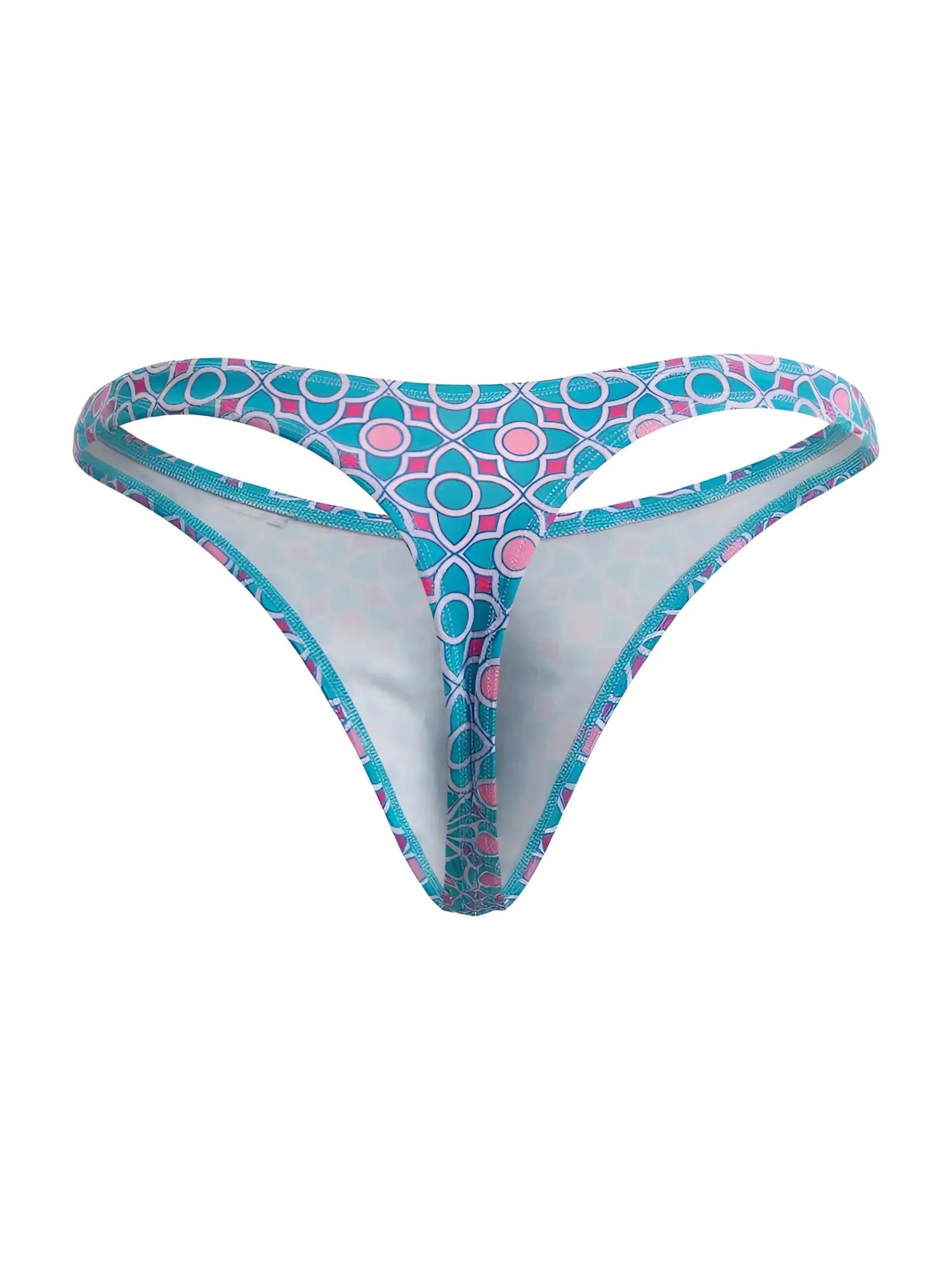 CandyMan 99924 thong in turquoise and pink geometric pattern with white interior lining for comfortable wear