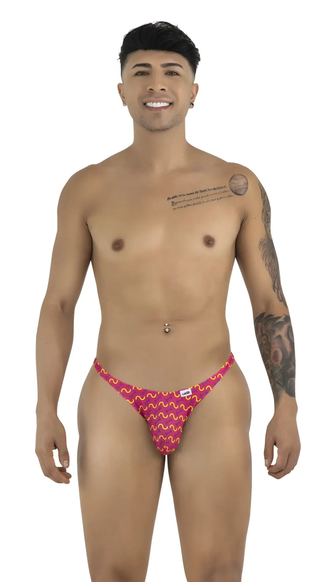 A vibrant pink and red patterned fuchsia thong with a wavy design from CandyMan 99924 collection