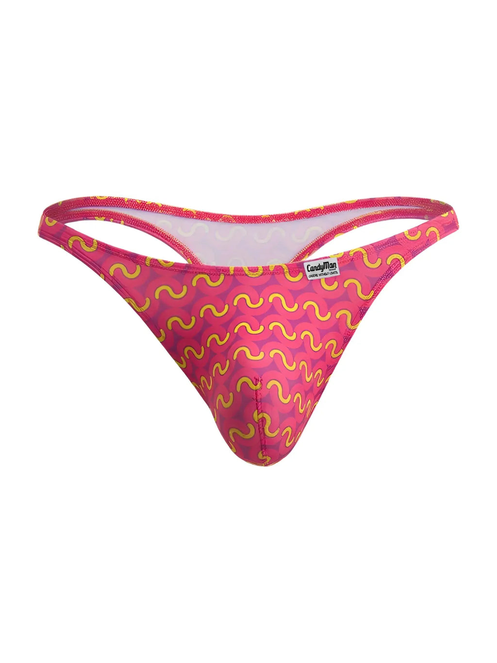 A vibrant pink CandyMan 99924 thong with bold yellow wavy pattern and branded label on printed fuchsia fabric