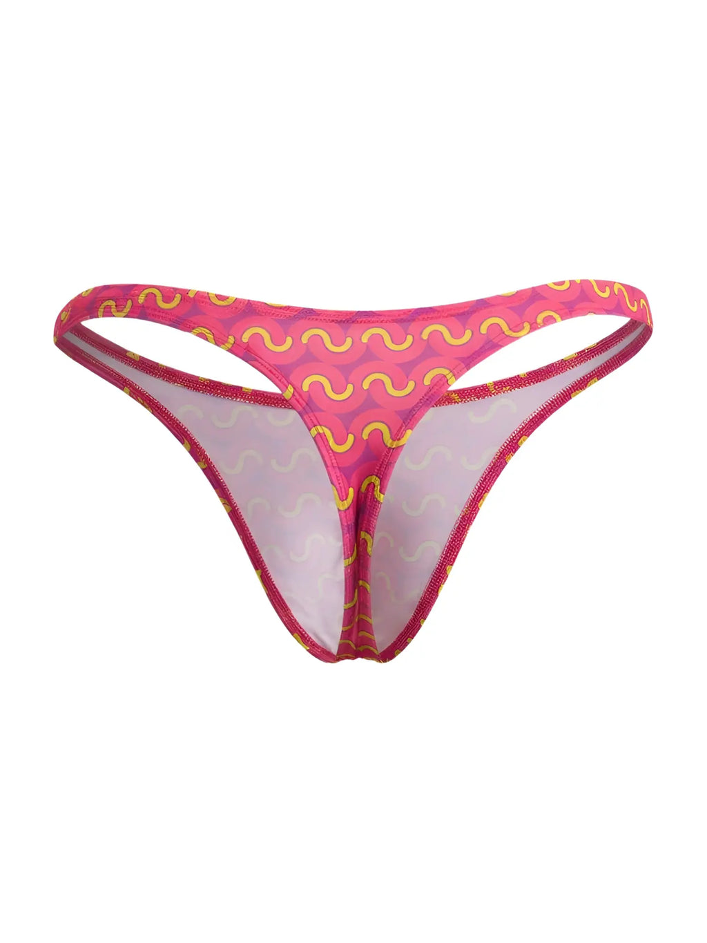 A vibrant pink candyMan 99924 thong with bold yellow wavy pattern and sheer mesh lining shown from the back side