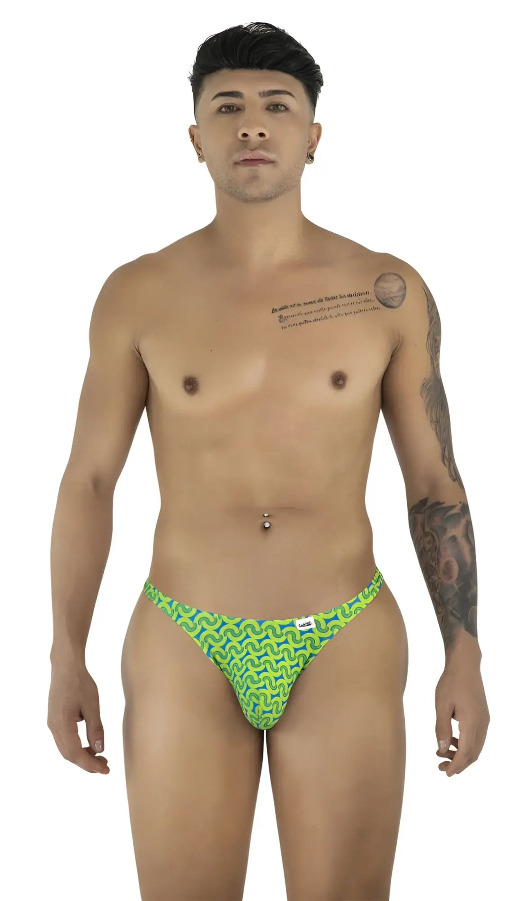 Bright green and lime CandyMan 99924 thongs with a bold zigzag pattern perfect for beachwear and swim use