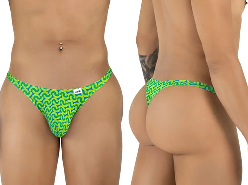 CandyMan 99924 thong with vibrant green and blue bold wavy pattern perfect for colorful printed underwear collections