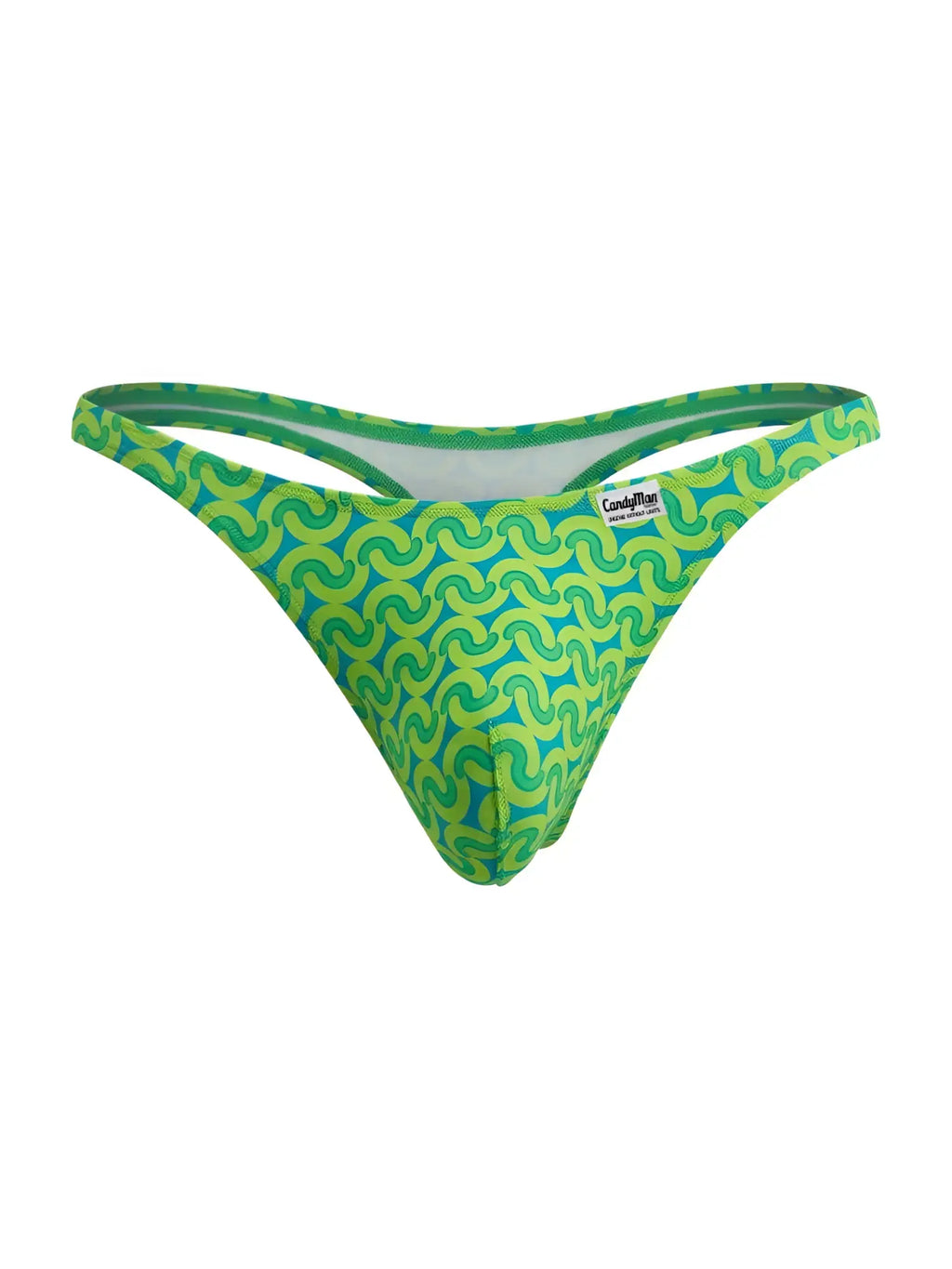 CandyMan 99924 thong in vibrant lime green and teal with bold swirling pattern and printed color design