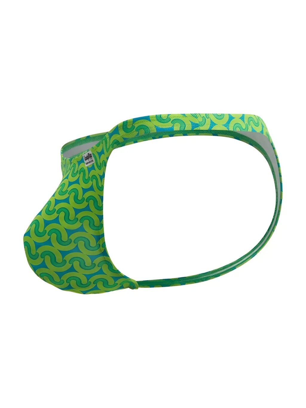 CandyMan 99924 thongs vibrant green and teal patterned swim trunks with bold swirling design for beachwear