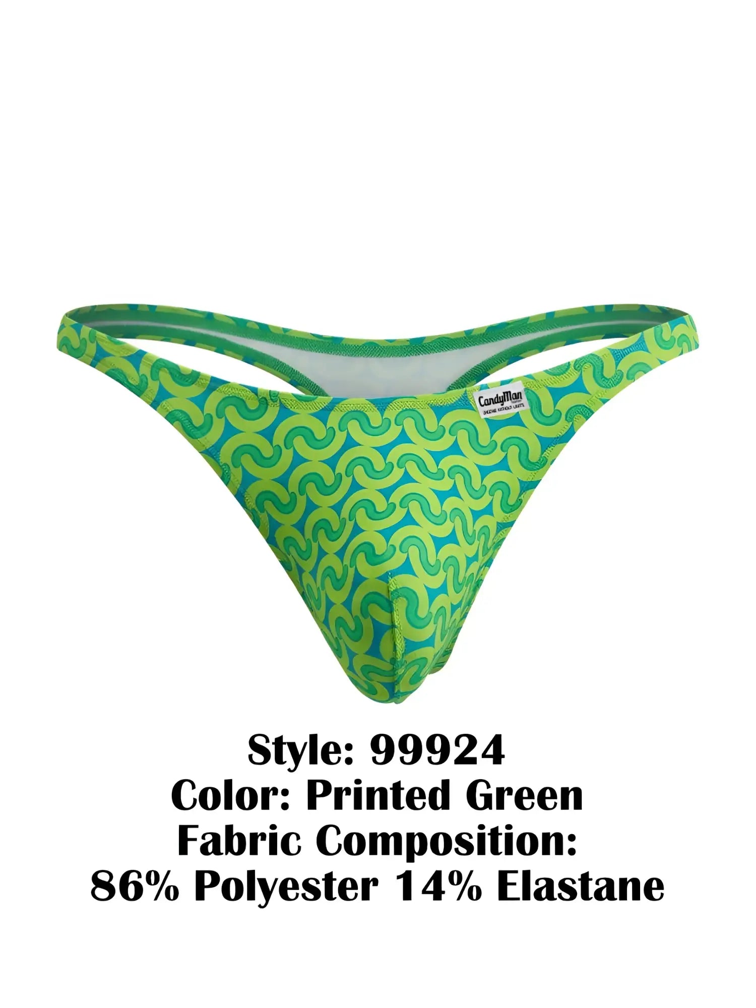Vibrant printed green thong with swirling pattern made of 86 polyester 14 elastane candyMan 99924 thongs