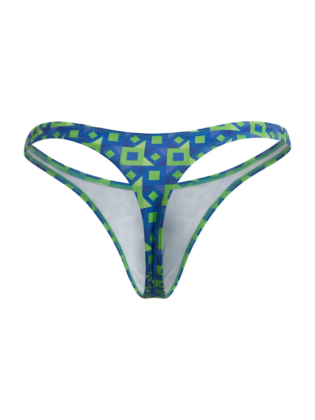 CandyMan 99924 thong with blue and lime green geometric pattern and white interior lining in navy color