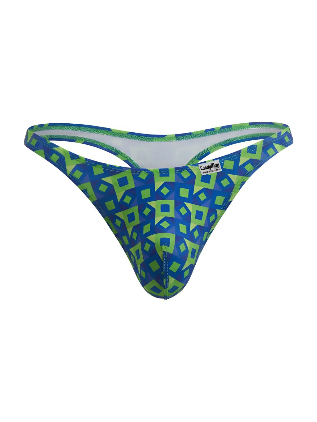 Blue and lime green geometric patterned thong by candyman in navy color printed for stylish comfort