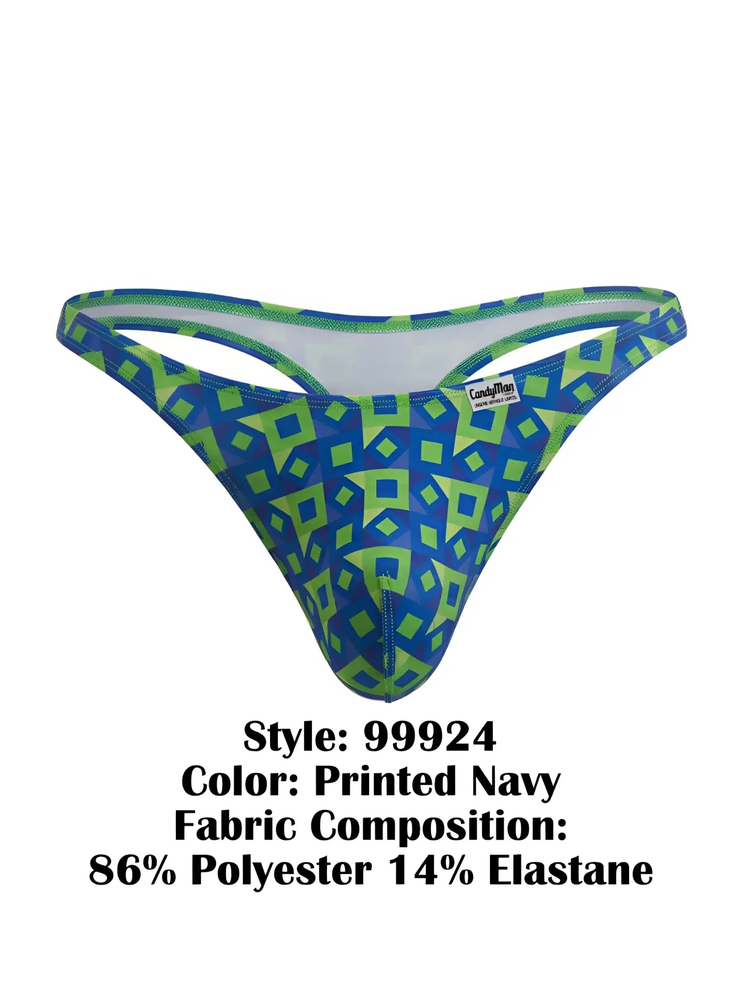 CandyMan 99924 thong with blue and lime green geometric pattern made of 86% polyester and 14% elastane