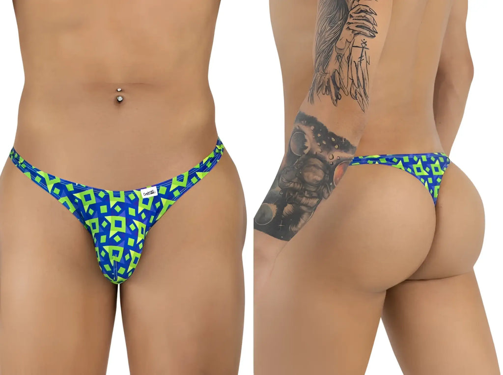 CandyMan 99924 thong with blue and neon green geometric print and small white brand tag in navy color