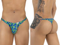 CandyMan 99924 thong with blue and neon green geometric print and small white brand tag in navy color
