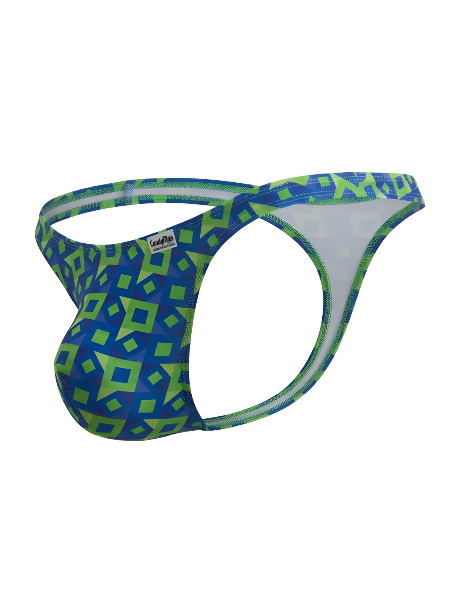 CandyMan 99924 thongs color printed navy men’s thong with blue and neon green geometric pattern and white lining