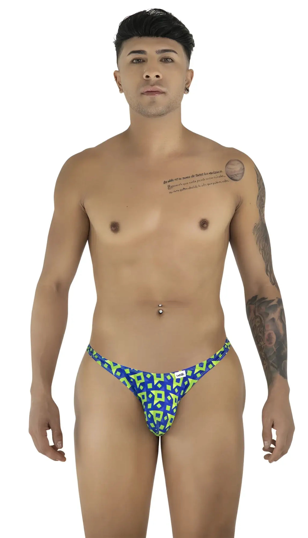 Blue and neon green patterned men’s thong with bold geometric design from CandyMan 99924 thongs color printed navy