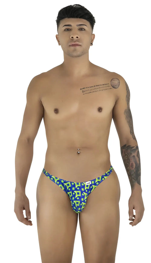 Blue and neon green patterned men’s thong with bold geometric design from CandyMan 99924 thongs color printed navy