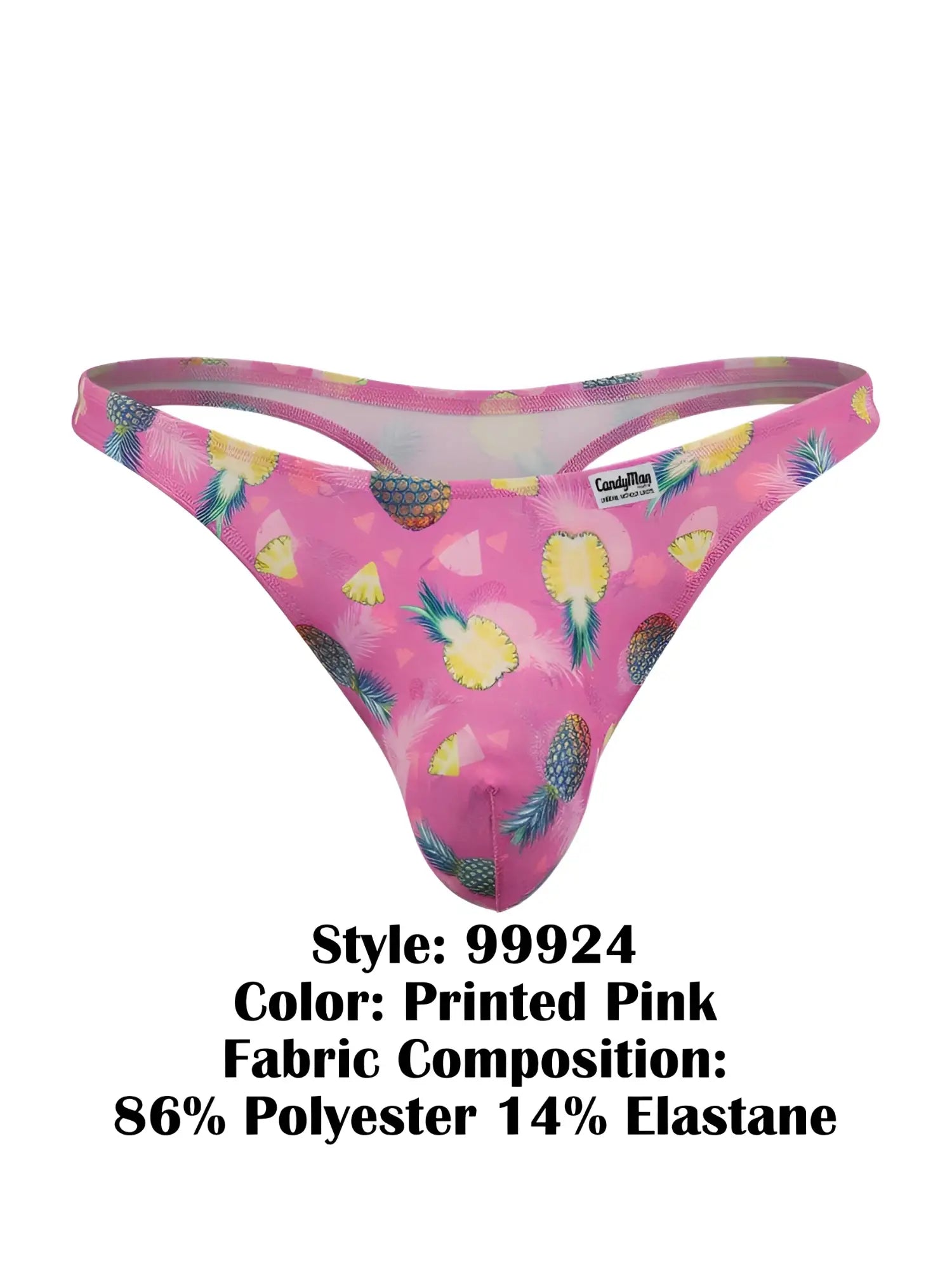 Pink printed thong with tropical pineapple and feather pattern made of 86 polyester 14 elastane by candyman