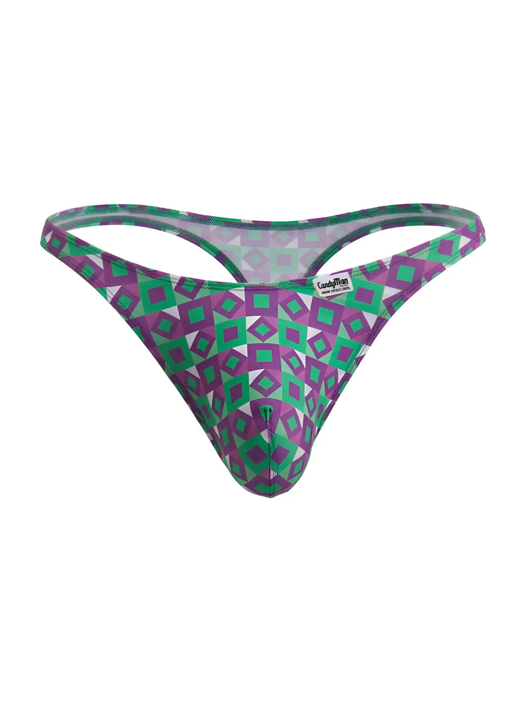 Purple and green geometric-patterned candyman 99924 thong featuring a color-printed design for stylish wear