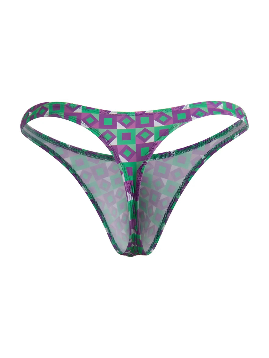 Purple and green geometric-patterned sheer thong with mesh fabric candyMan 99924 thongs color printed purple front view