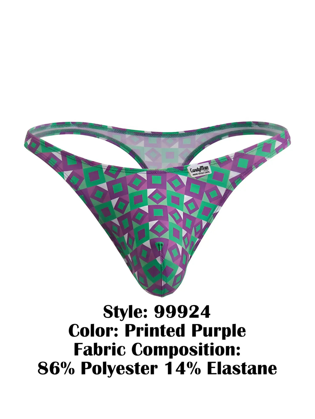 Purple and green geometric-patterned thong from CandyMan made of 86% polyester and 14% elastane