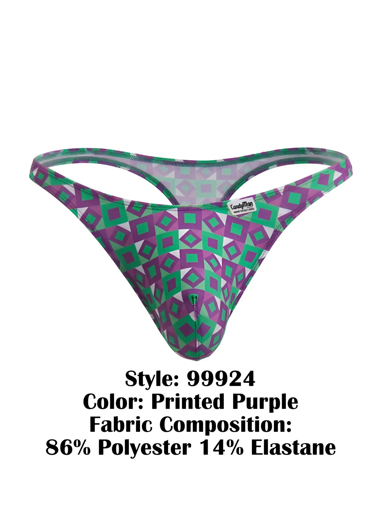 Purple and green geometric-patterned thong from CandyMan made of 86% polyester and 14% elastane