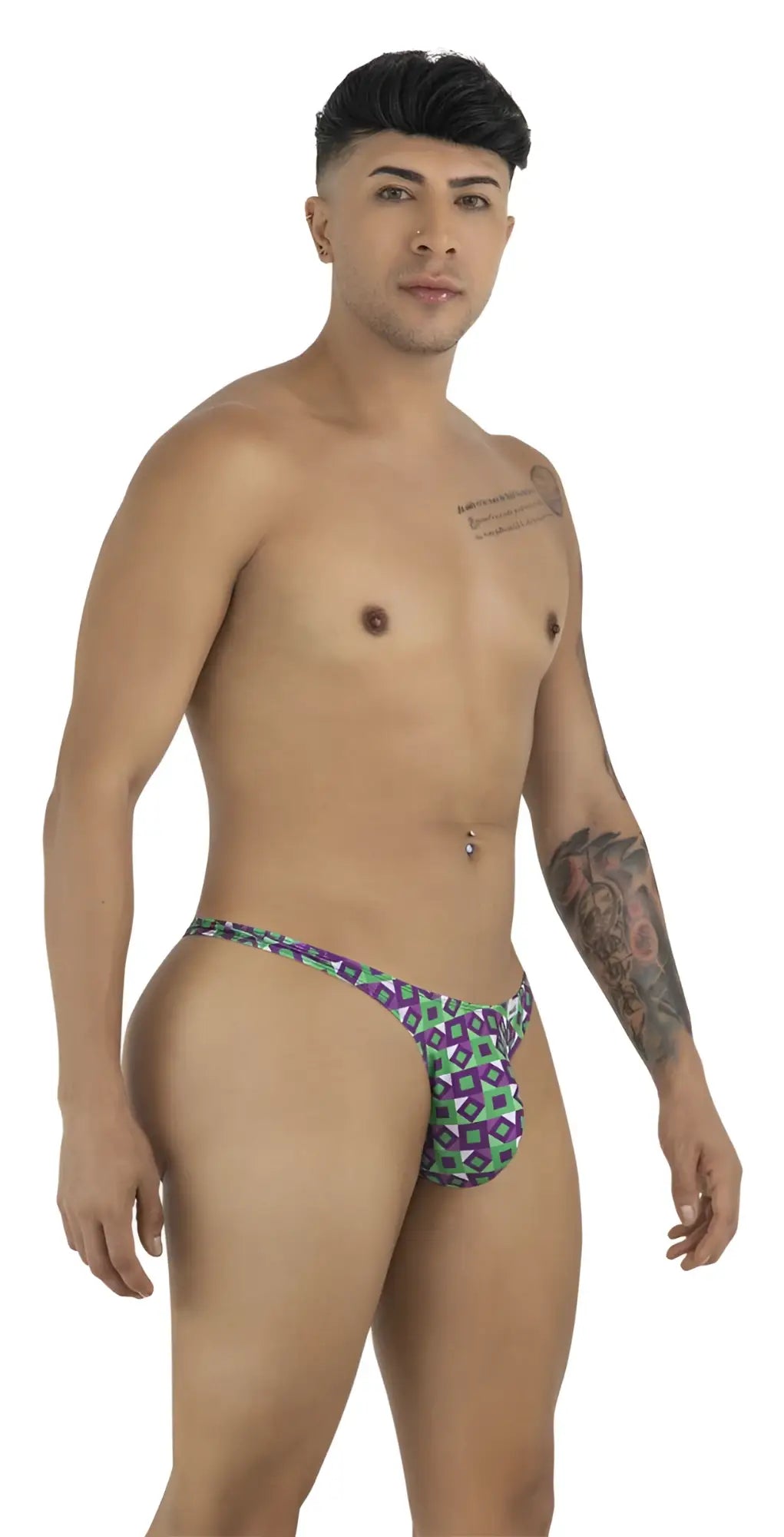 Purple and green geometric-patterned thong candyMan 99924 with snug form-fitting design shown from the back side