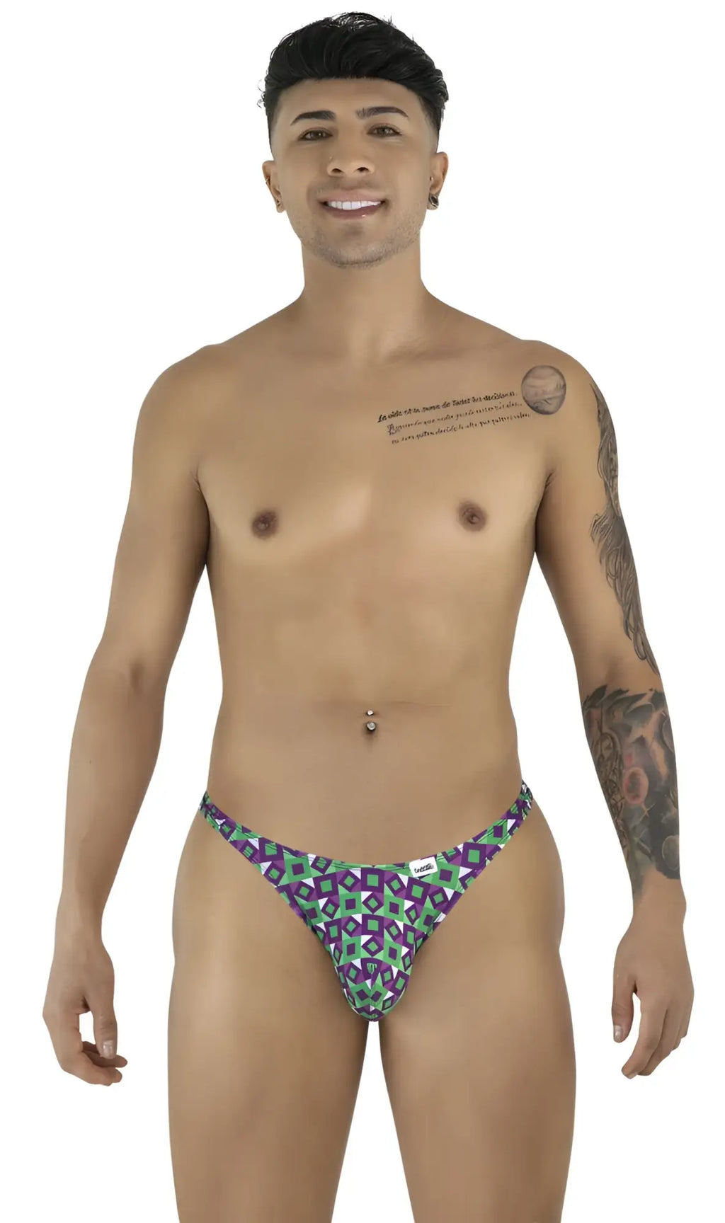 CandyMan 99924 thongs color printed purple geometric-patterned men’s briefs in purple and teal for stylish comfort