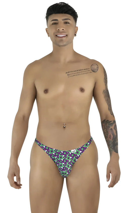 CandyMan 99924 thongs color printed purple geometric-patterned men’s briefs in purple and teal for stylish comfort