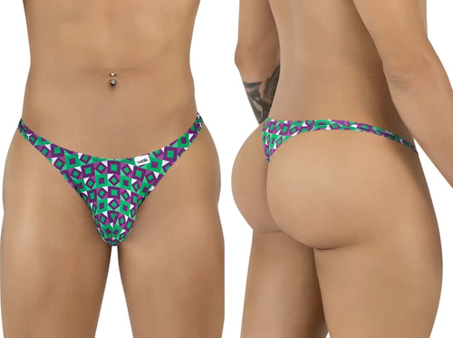 Vibrant green and purple geometric patterned thong from Candyman 99924 with a white brand tag visible