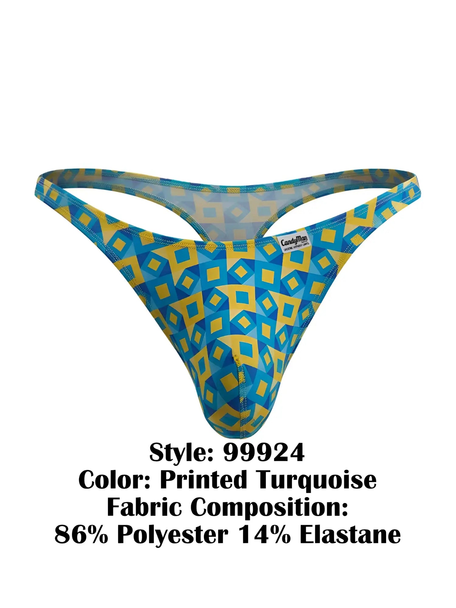 Blue and yellow geometric patterned men’s thong by CandyMan style 99924 in turquoise color showing front view