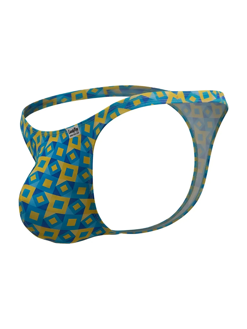 Candyman 99924 turquoise thong with blue and yellow geometric print and snug form-fitting design for men