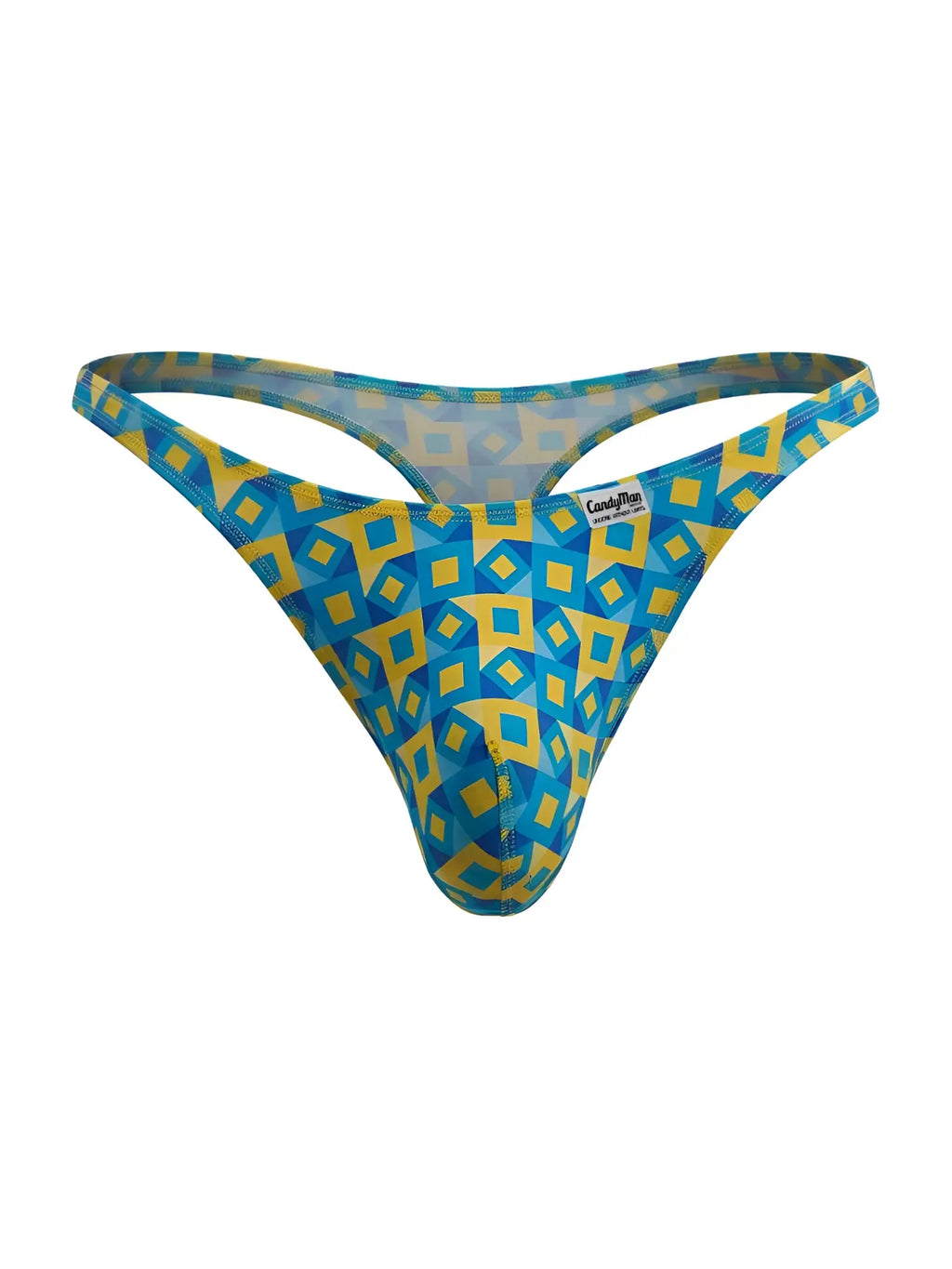 Blue and yellow geometric patterned candyMan 99924 thong with transparent mesh back in turquoise color
