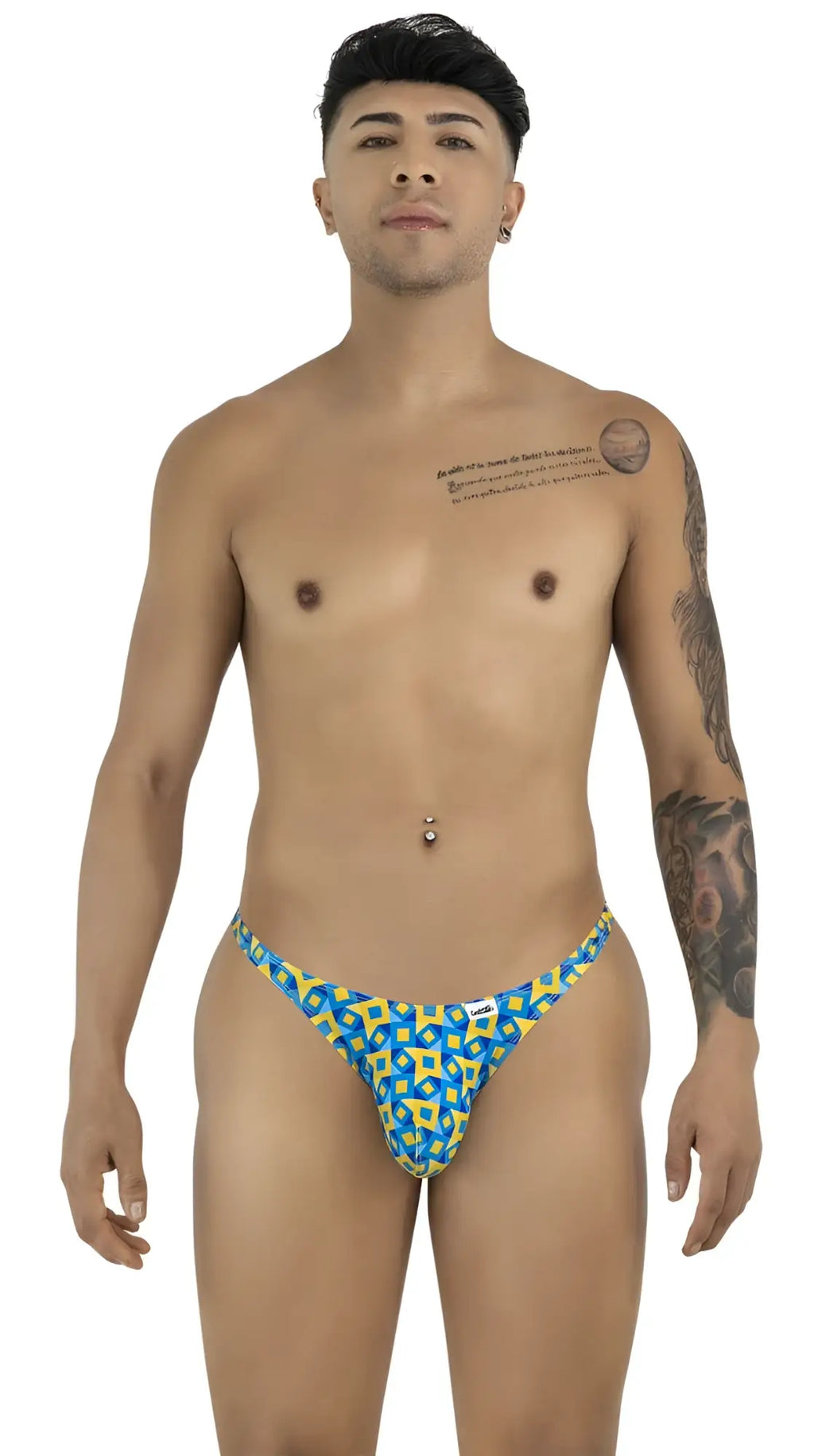 CandyMan 99924 turquoise men’s briefs with blue and yellow geometric pattern in a comfortable thong style