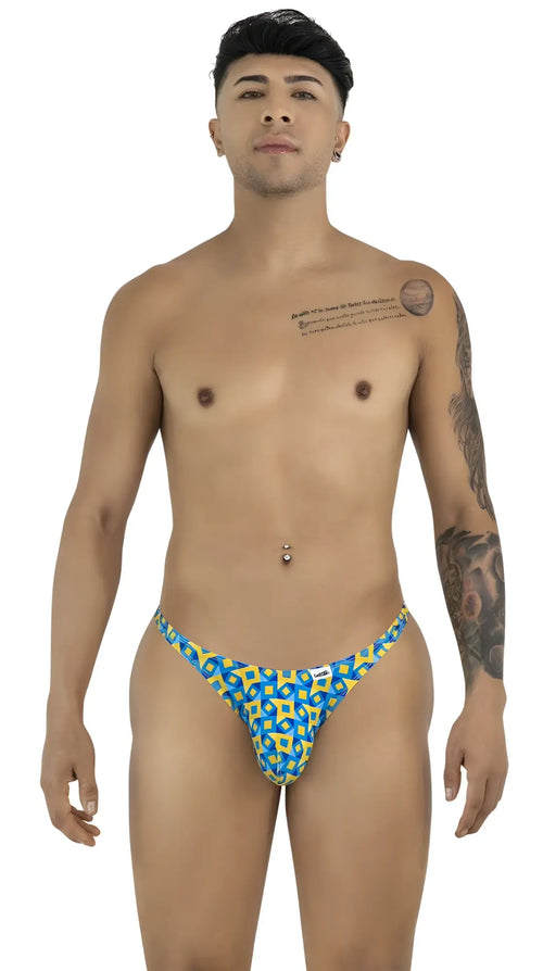 CandyMan 99924 turquoise men’s briefs with blue and yellow geometric pattern in a comfortable thong style