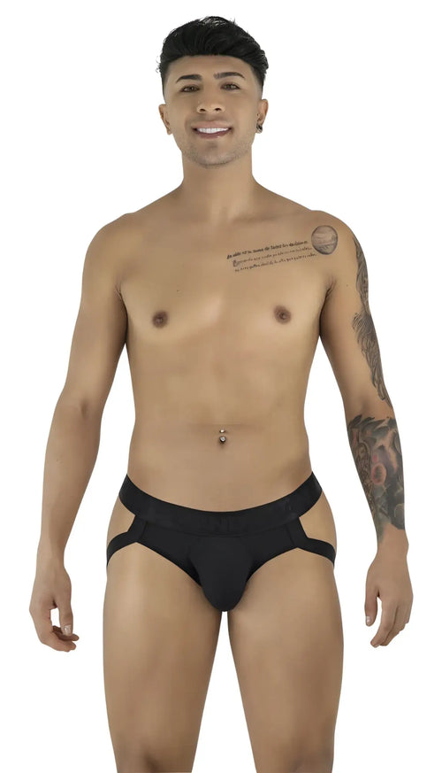 Black candyman 99925 jockstrap with snug fit and side cutouts designed as athletic briefs