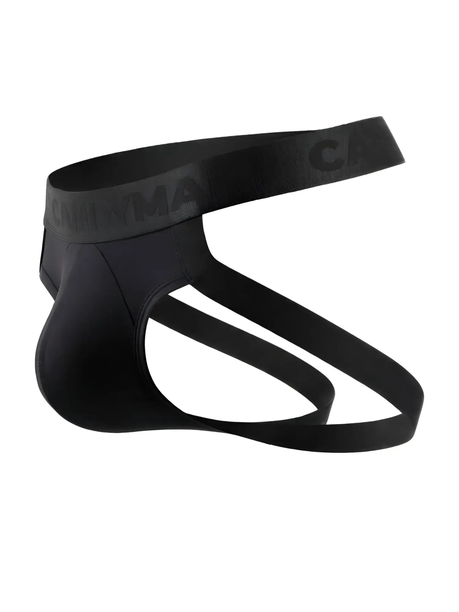 Black CandyMan 99925 jockstrap with contoured briefs design and embossed carnma elastic waistband