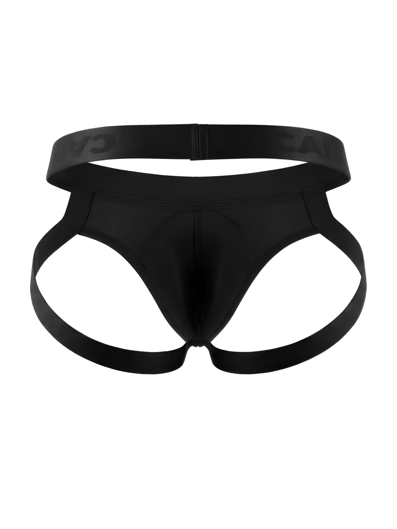 Black satin candyMan 99925 jockstrap briefs with a wide elastic waistband and supportive side straps