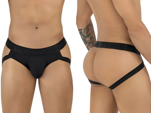 Black sleek form-fitting candyMan 99925 jockstrap briefs with wide waistband and side straps shown from the back side