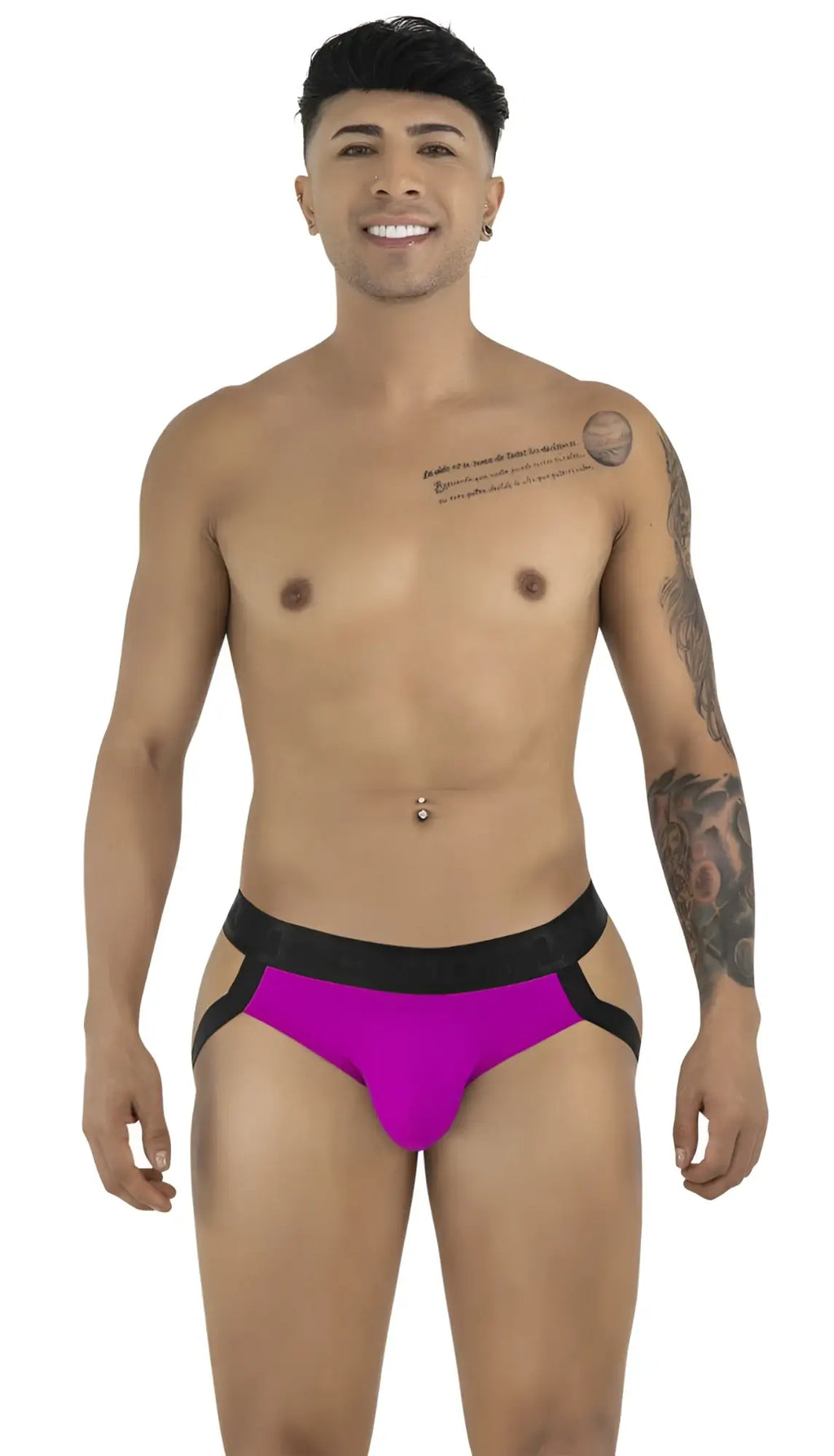 CandyMan 99925 magenta jockstrap with vibrant magenta briefs and bold black waistband and side straps