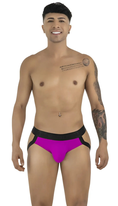 CandyMan 99925 magenta jockstrap with vibrant magenta briefs and bold black waistband and side straps