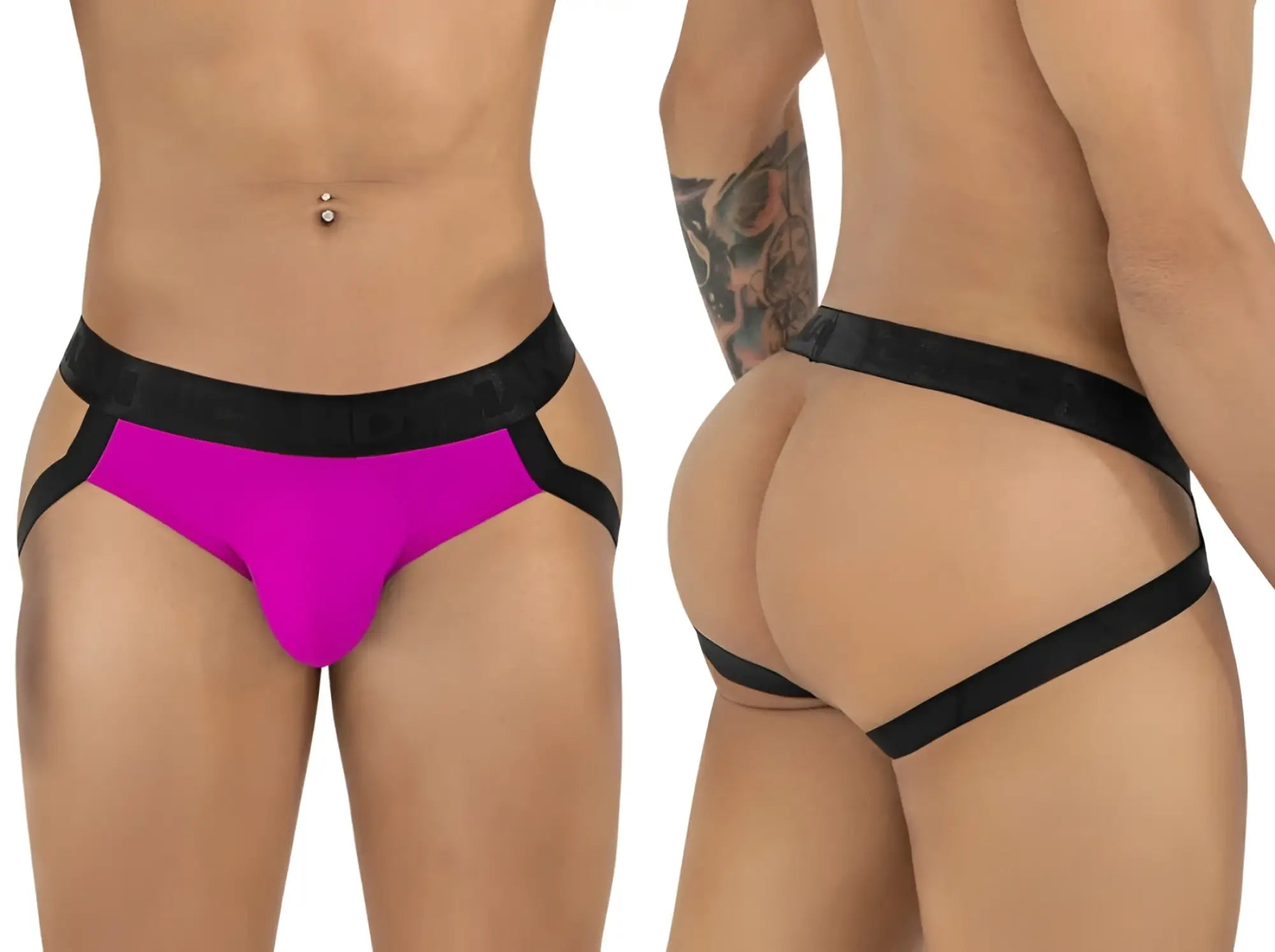 Vibrant fuchsia and black CandyMan 99925 jockstrap with sleek form-fitting design for athletic use