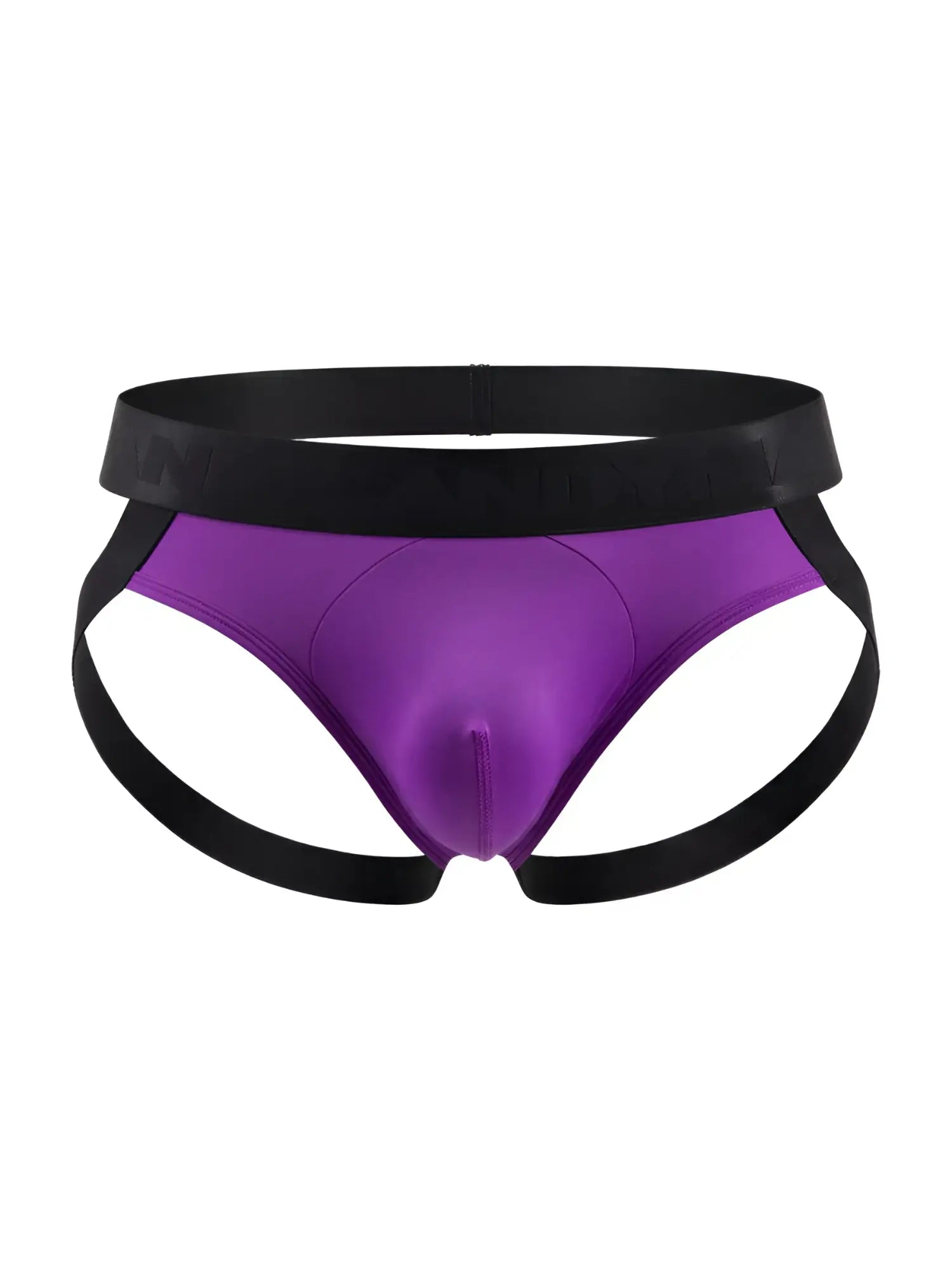 CandyMan 99925 jockstrap in orchid color features purple and black sleek form-fitting athletic briefs design