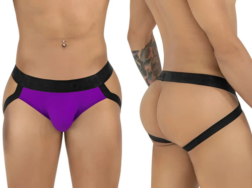 Purple and black CandyMan 99925 jockstrap with wide waistband and side straps for athletic support